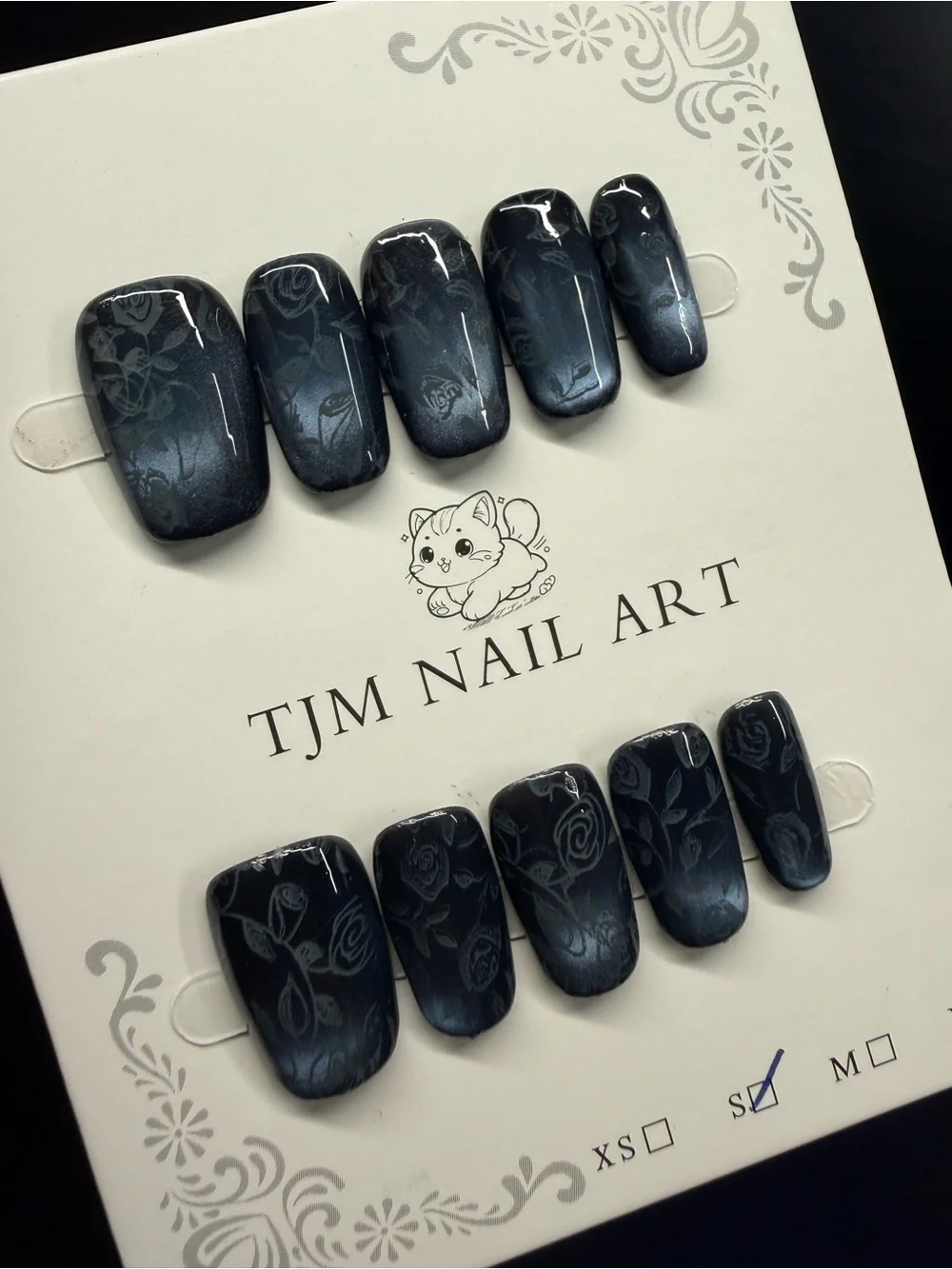 Deep Blue Cateye floral Press-On Nails in Small